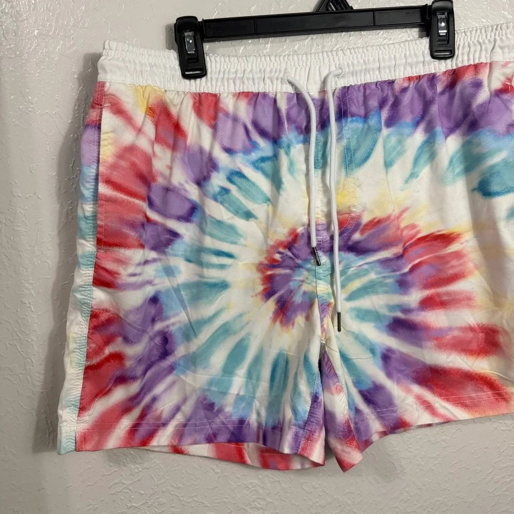 Spicy Tuna Mens Tie Dye Swim Trunks Multi Color Mesh Lined Board Shorts XL